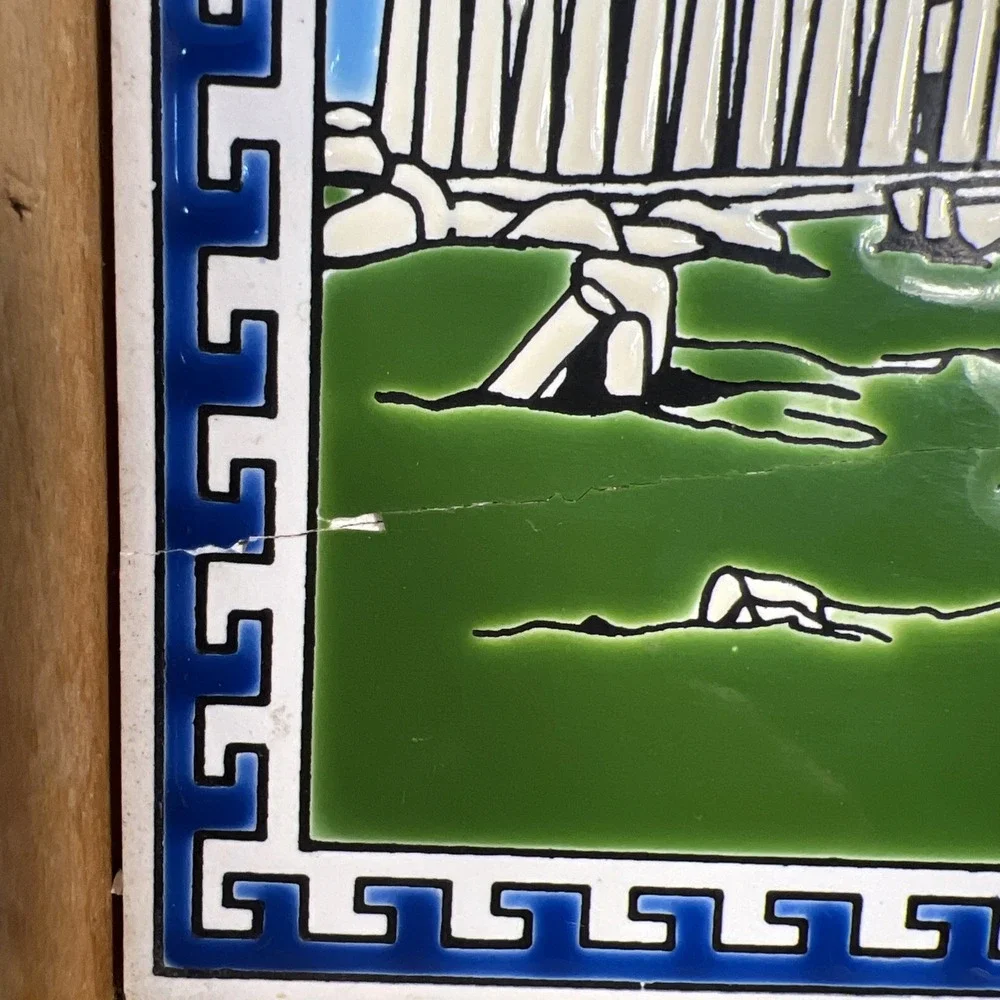 Vintage Greek Ceramic Tile‎ Art Trivet w/ Wood Frame Wooden Tray